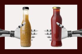 Two robotic hands holding onto a bottle of dressing and sauce. 