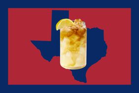 A glass of Texas tea over a silhouette of the state of Texas. 