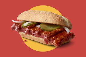 The McDonald's McRib on a red and yellow background.