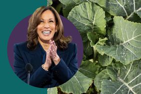 Kamala Harris in a photo composite with collard greens. 