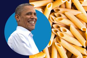 Barack Obama and dry penne pasta as a background. 