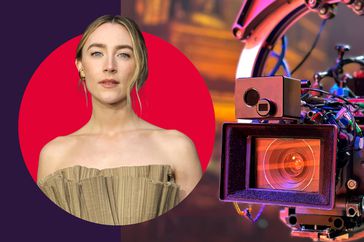 Saoirse Ronan and a camera on a purple and red background. 