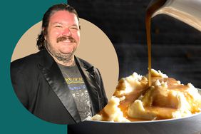 Chef Matty Matheson in a photo composite with an image of gravy being poured onto mashed potatoes. 