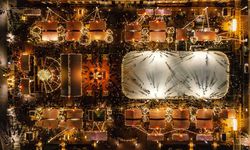 An aerial view of the Carmel Christkindlmarkt at night.