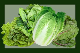 Chard, Spinach, Chinese Cabbage, and Beet Greens on a green background.