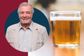 Jacques Pepin in a photo composite next to a glass of beer. 