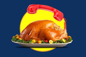 A red phone receiver connected to a roast turkey. 