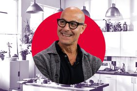 Stanley Tucci in a photo composite with the scene of a kitchen. 