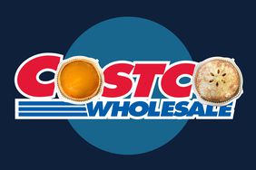 The Costco logo with a pumpkin and apple pie over the letter O.