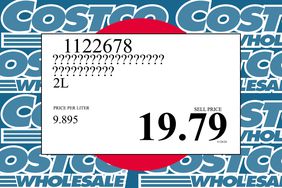 A Costco inspired price tag sign with a background of Costco logos. 