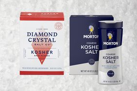 A box of Diamond Crystal salt next to a box and shaker of Morton Kosher Salt, over a background of kosher salt crystals. 