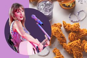 Taylor Swift performing and a photo of mocktails, chicken tenders, a hamburger and friendship bracelets in the background. 