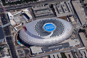 An aerial of the LA Clippers Intuit Dome.