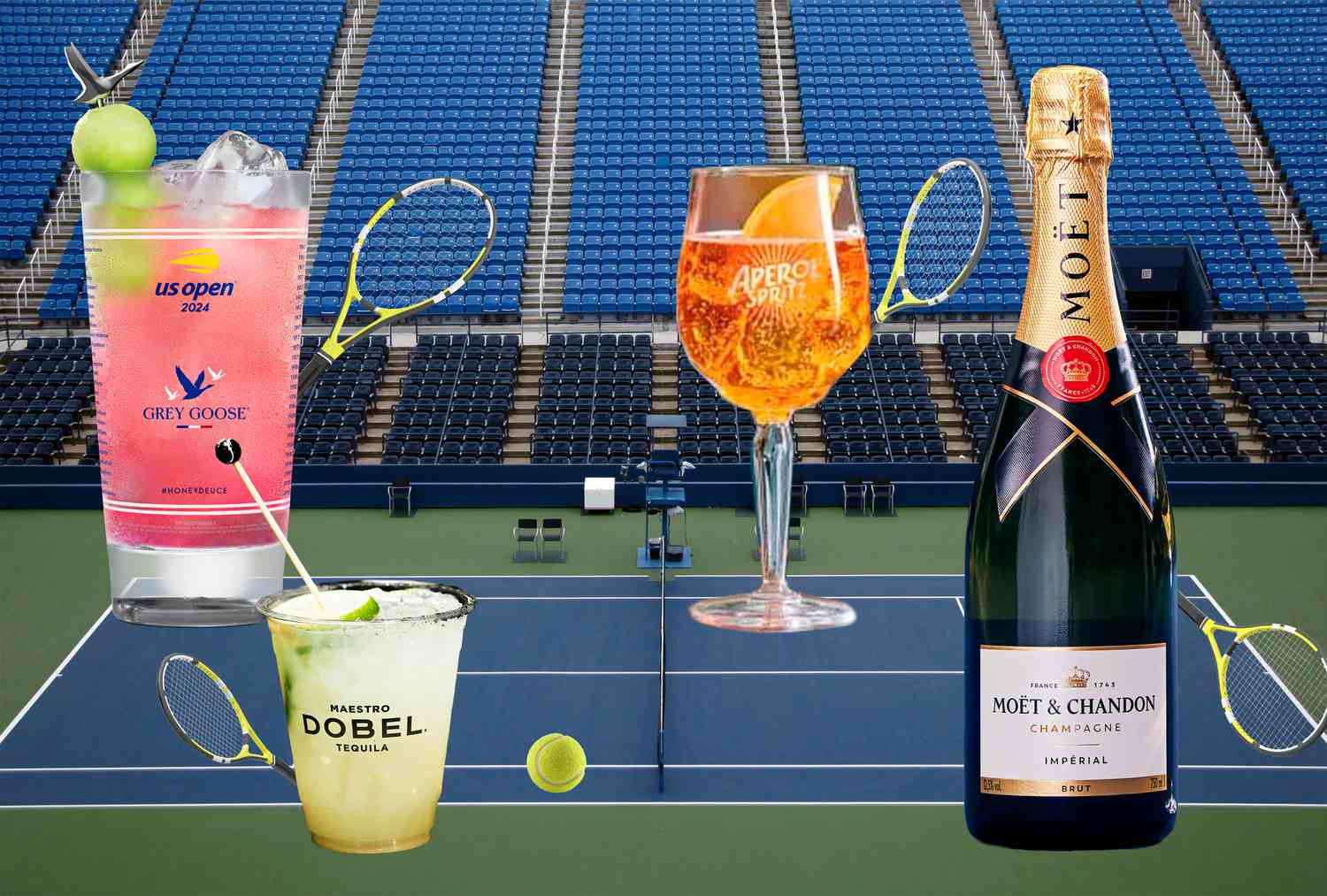 A Grey Goose Honey Deuce cocktail, Maestro Dobel Tequila Taylor Fritz - Fritzy Spicy Margarita, Aperol Spritz and a bottle of Moet & Chandon playing doubles tennis. 