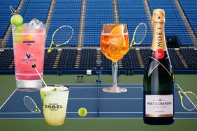 A Grey Goose Honey Deuce cocktail, Maestro Dobel Tequila Taylor Fritz - Fritzy Spicy Margarita, Aperol Spritz and a bottle of Moet & Chandon playing doubles tennis. 