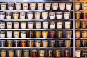 Pantry of spices in a commercial kitchen at a restaurant