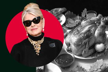 Martha Stewart in a photo composite over a red ellipse while next to a black and white image of a Thanksgiving feast. 