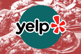 The Yelp logo over a background of tacos and a green ellipse. 