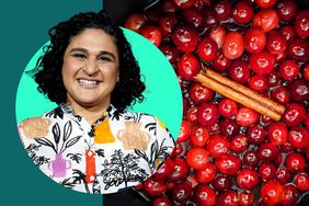 Samin Nosrat next to an image of cranberries and cinnamon being cooked into sauce.