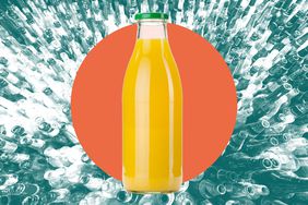 A glass bottle of orange juice in a photo composite with hundreds of empty glass bottles. 